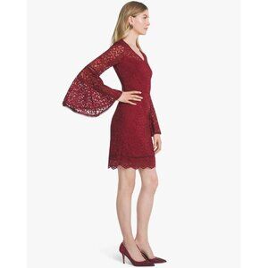 WHITE HOUSE BLACK MARKET RED BELL SLEEVES LACE COCKTAIL DRESS SIZE: 4P NWT $200